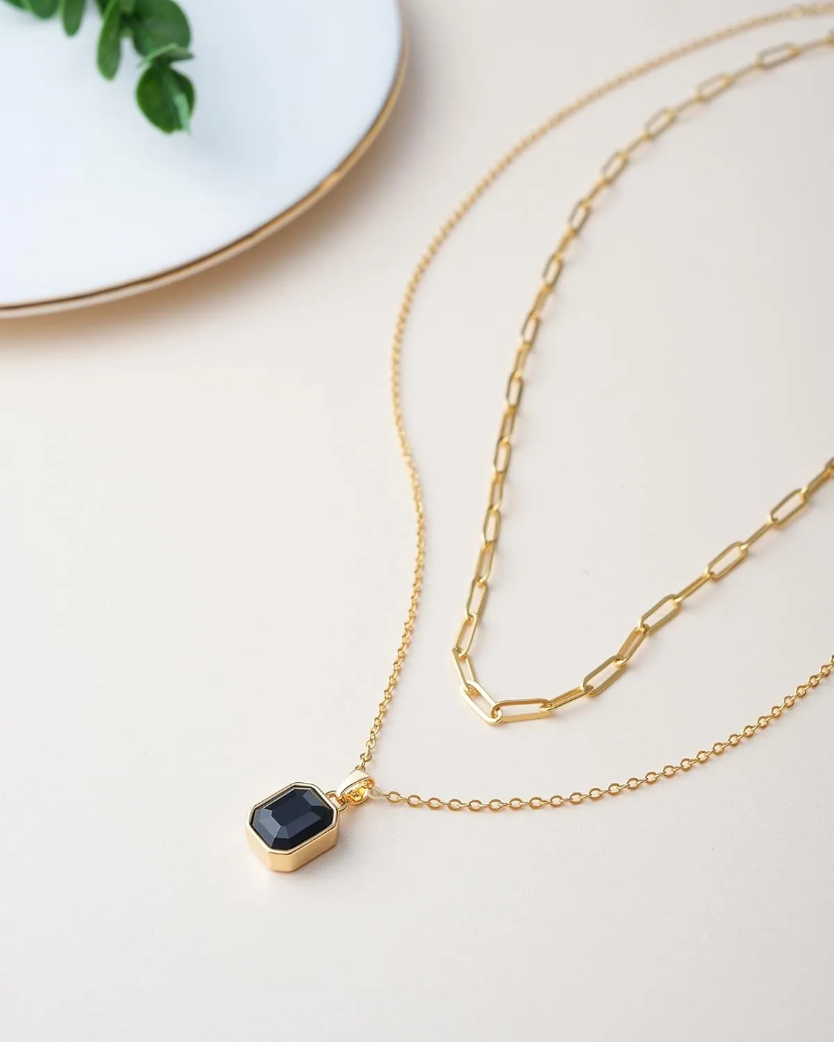 Gold Layered Necklaces for Women, 18k Gold Plated Crystal Necklace Paperclip Choker Emerald Green Jewelry for Women Gifts