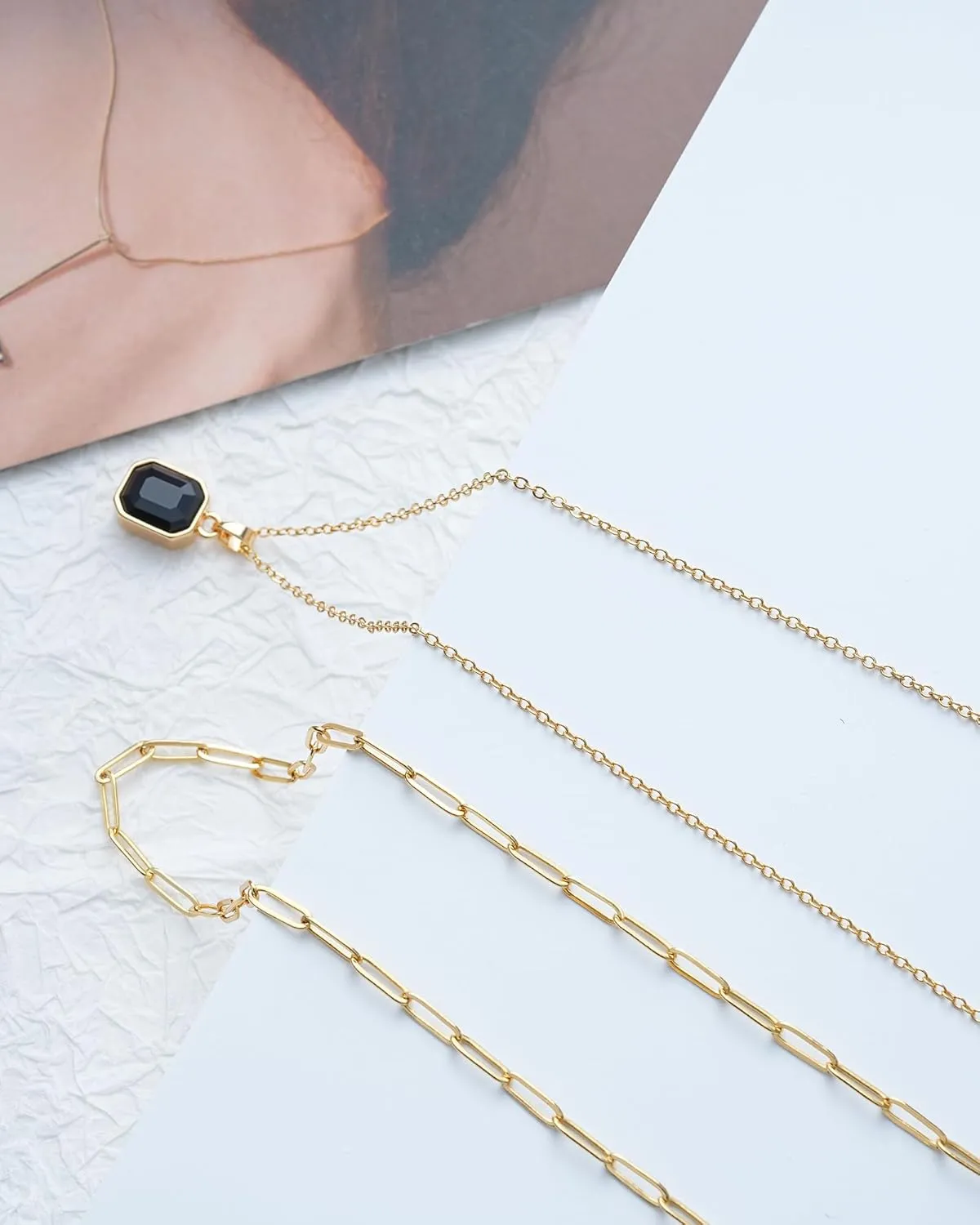 Gold Layered Necklaces for Women, 18k Gold Plated Crystal Necklace Paperclip Choker Emerald Green Jewelry for Women Gifts