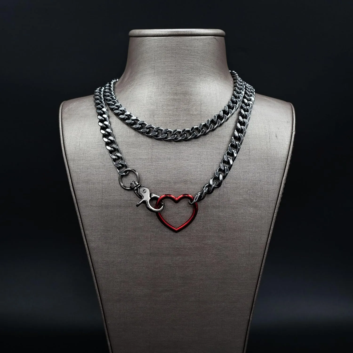 Gold Layered Necklaces for Women, Silver Cuban Slip Chain Heart O-ring Chunky Chain Necklace, Adjustable Lariat Necklace for Women and Men, Goth Jewelry Necklace