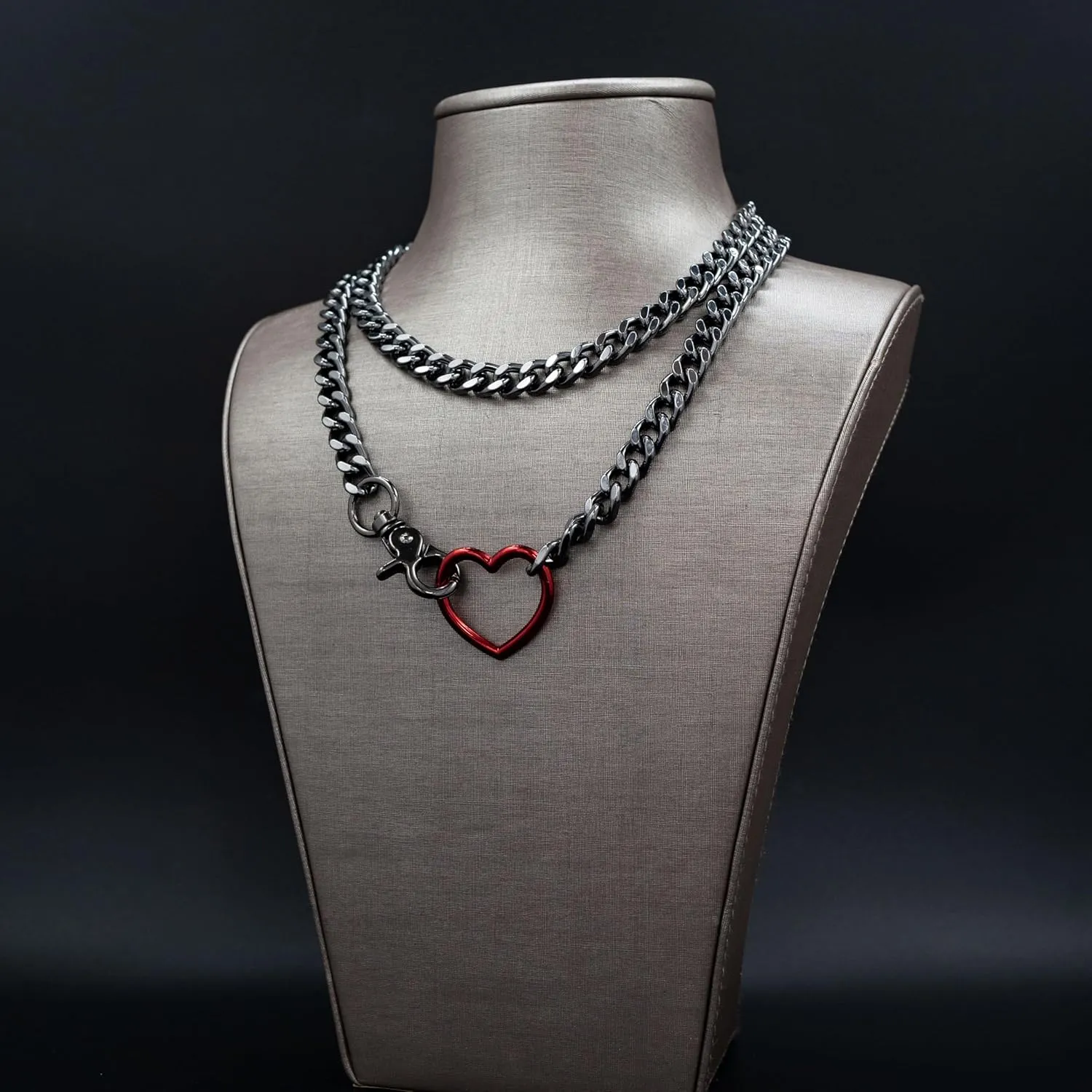 Gold Layered Necklaces for Women, Silver Cuban Slip Chain Heart O-ring Chunky Chain Necklace, Adjustable Lariat Necklace for Women and Men, Goth Jewelry Necklace