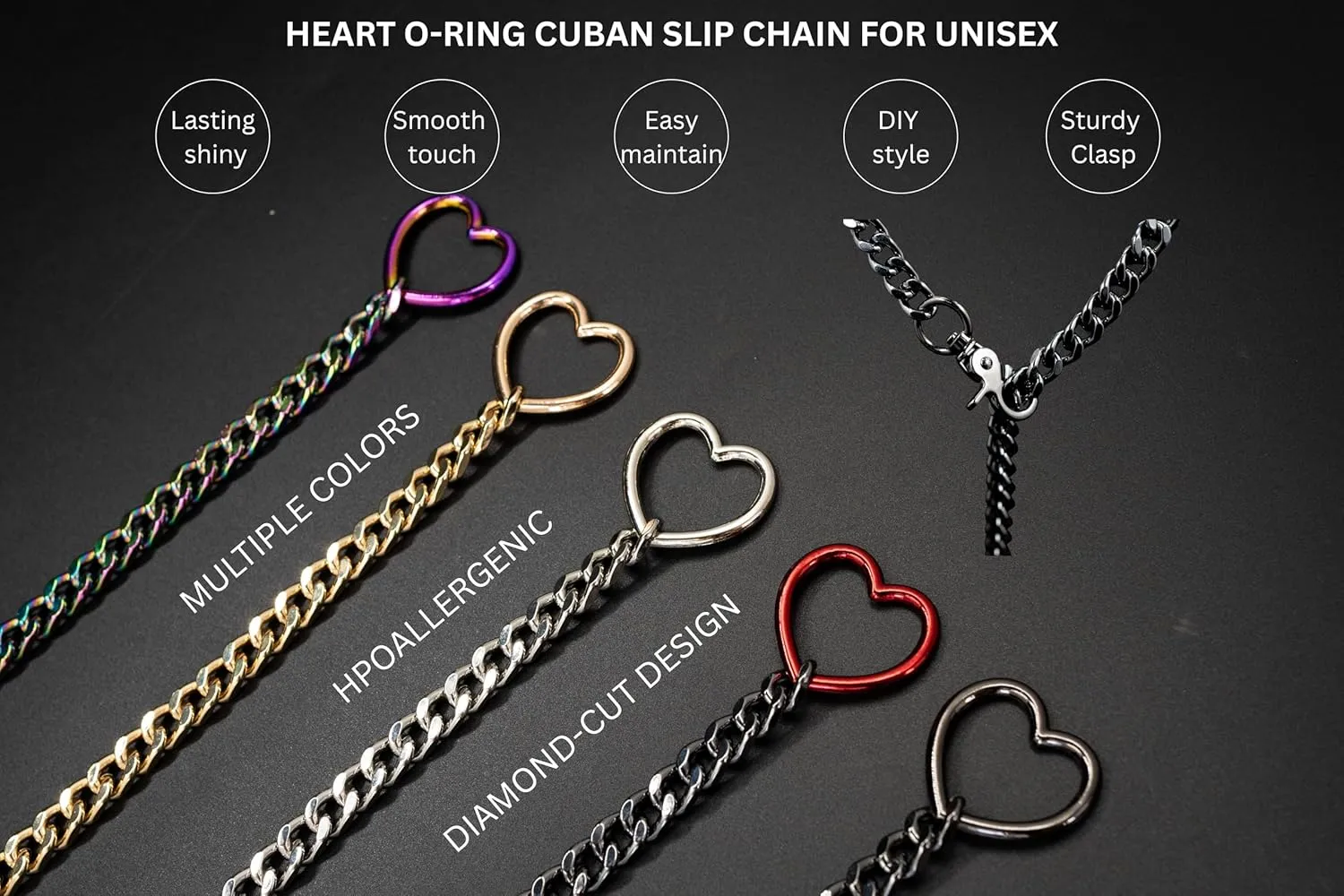 Gold Layered Necklaces for Women, Silver Cuban Slip Chain Heart O-ring Chunky Chain Necklace, Adjustable Lariat Necklace for Women and Men, Goth Jewelry Necklace