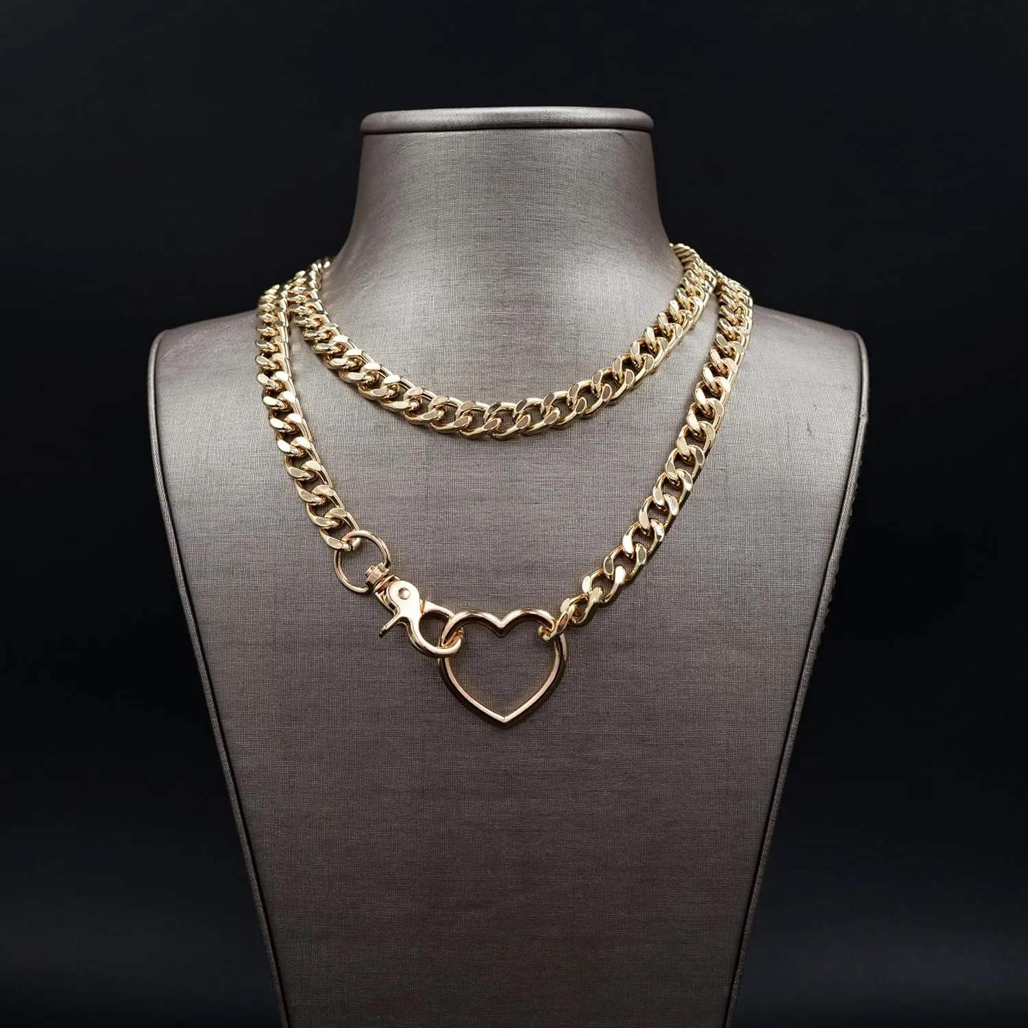 Gold Layered Necklaces for Women, Silver Cuban Slip Chain Heart O-ring Chunky Chain Necklace, Adjustable Lariat Necklace for Women and Men, Goth Jewelry Necklace