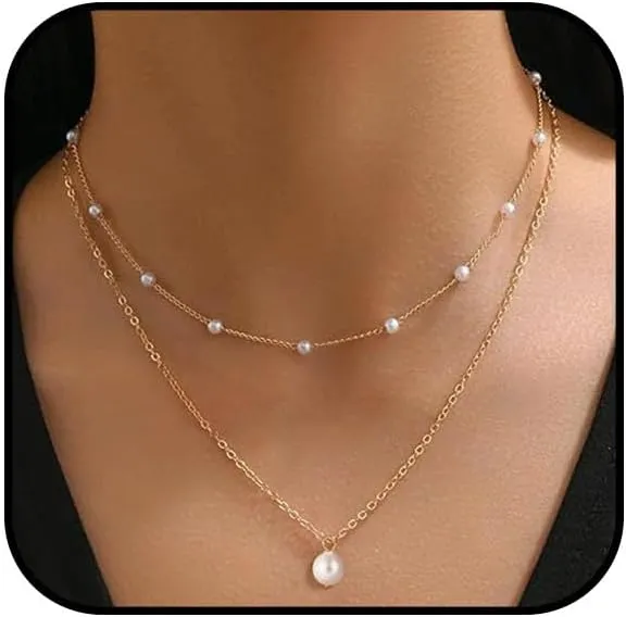 Gold Pearl Necklace for Women Single Pearl Necklaces Silver Layered Pearls Pendant Necklace Dainty Choker Necklace Delicate Pearl Beaded Chain Necklace Trendy Herringbone pearls Jewelry
