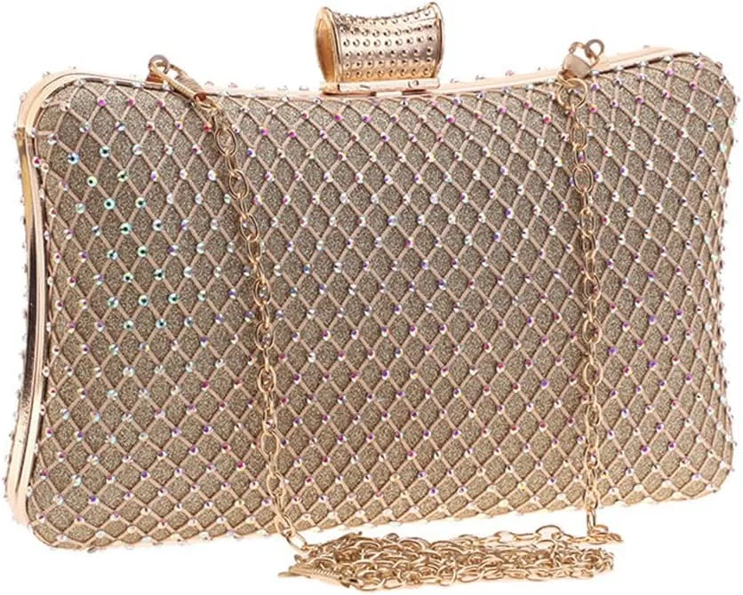 Golden Metal Chain Diamonds Party Wedding Clutch Bag Flap Design Shoulder Handbags Hollow Out Evening Bags