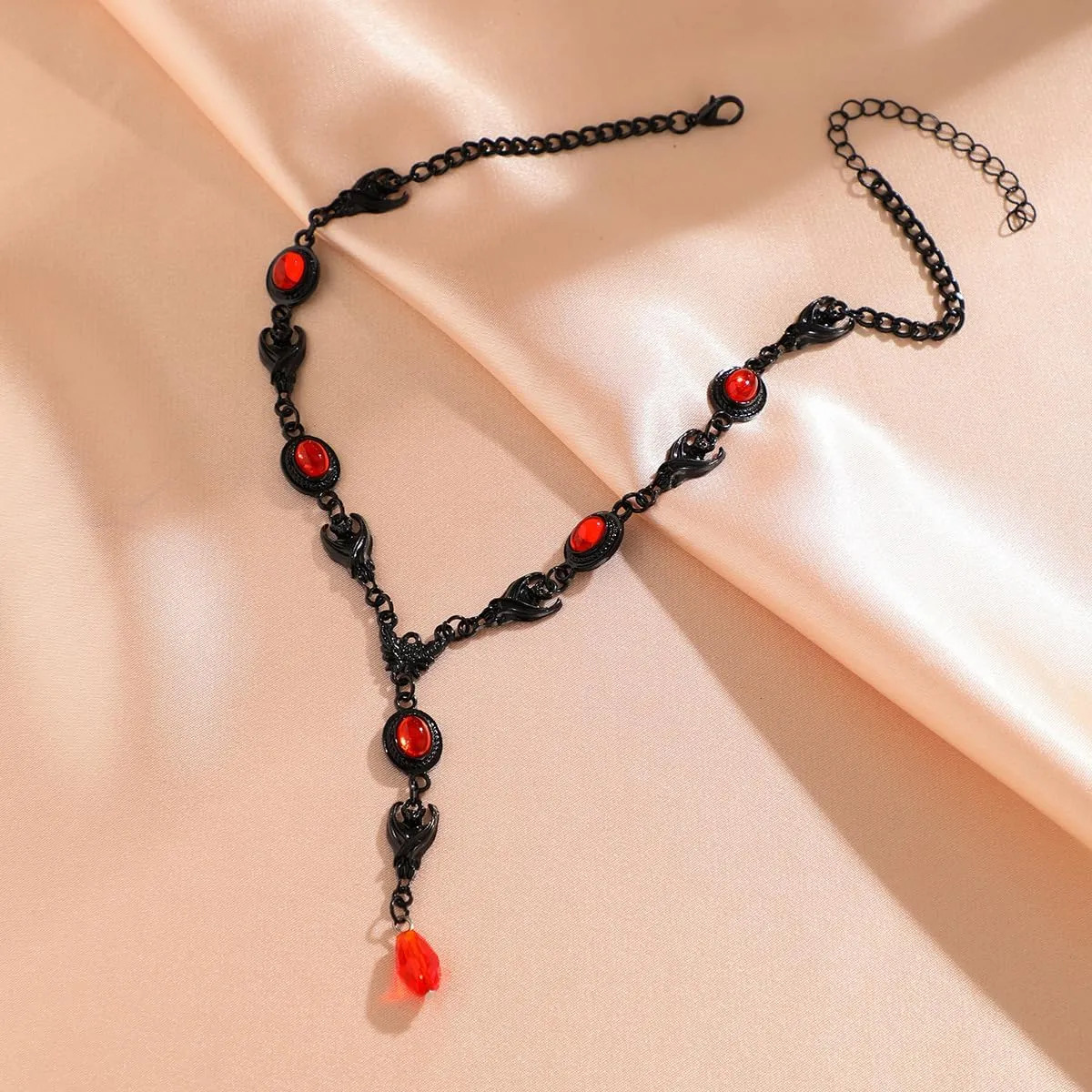 Gothic Y Necklace,Goth Black Red Crystal Bead Teardrop Necklace,Punk Y Necklaces,Halloween Christmas New Year Jewelry for Women