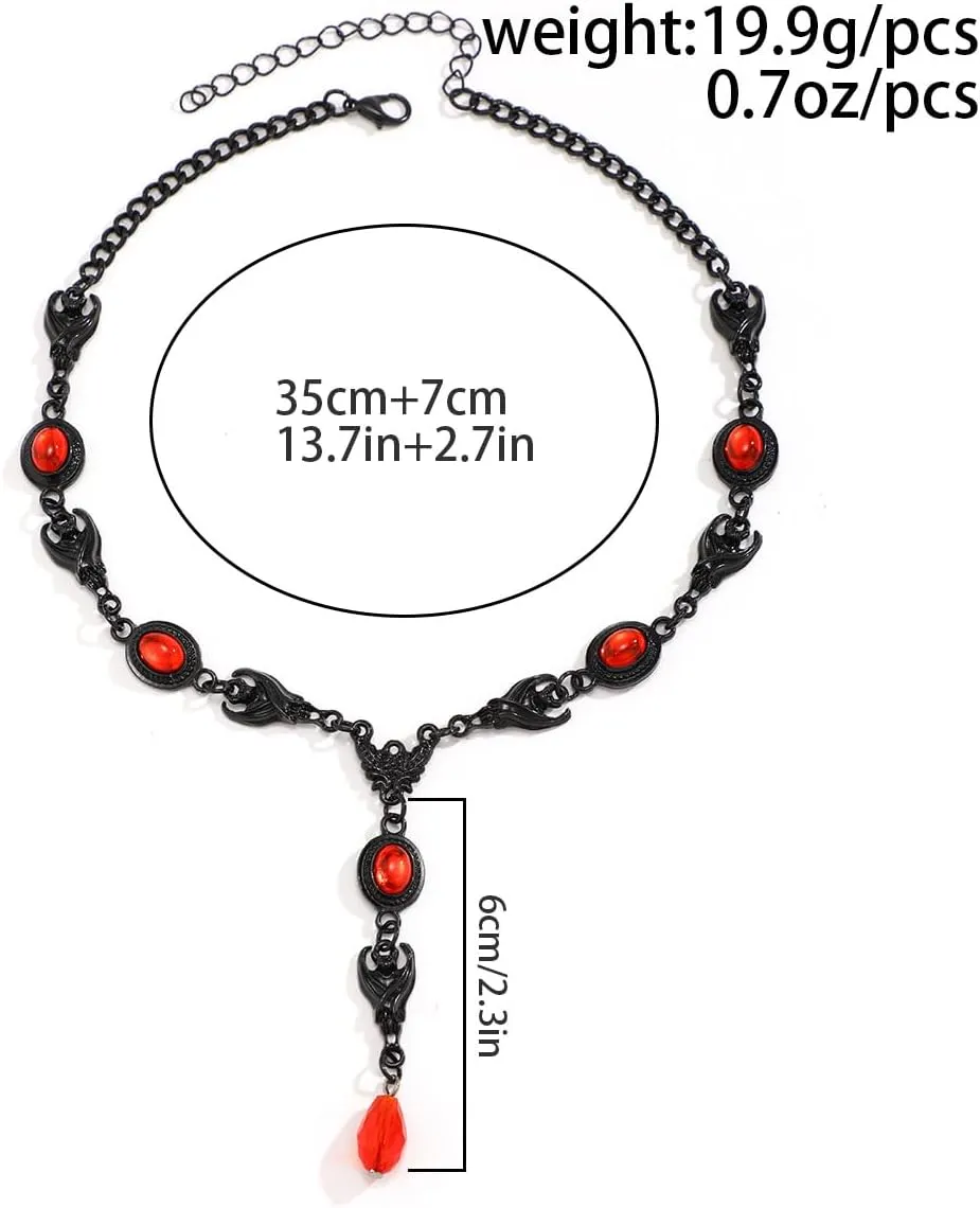 Gothic Y Necklace,Goth Black Red Crystal Bead Teardrop Necklace,Punk Y Necklaces,Halloween Christmas New Year Jewelry for Women