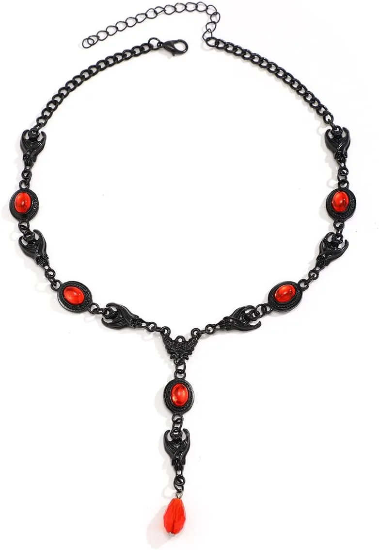 Gothic Y Necklace,Goth Black Red Crystal Bead Teardrop Necklace,Punk Y Necklaces,Halloween Christmas New Year Jewelry for Women