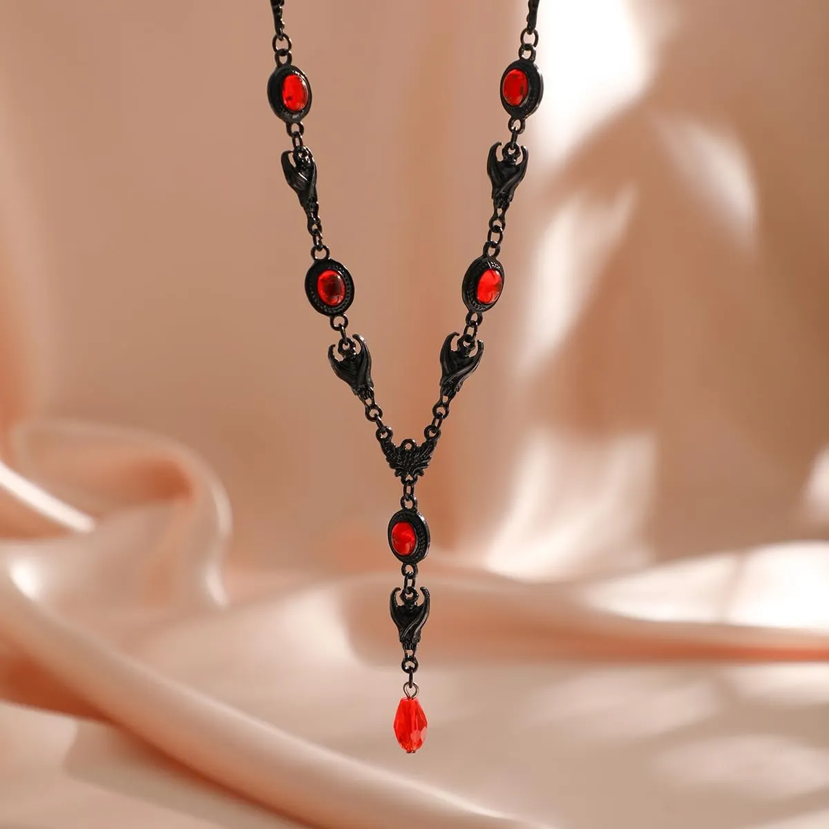Gothic Y Necklace,Goth Black Red Crystal Bead Teardrop Necklace,Punk Y Necklaces,Halloween Christmas New Year Jewelry for Women