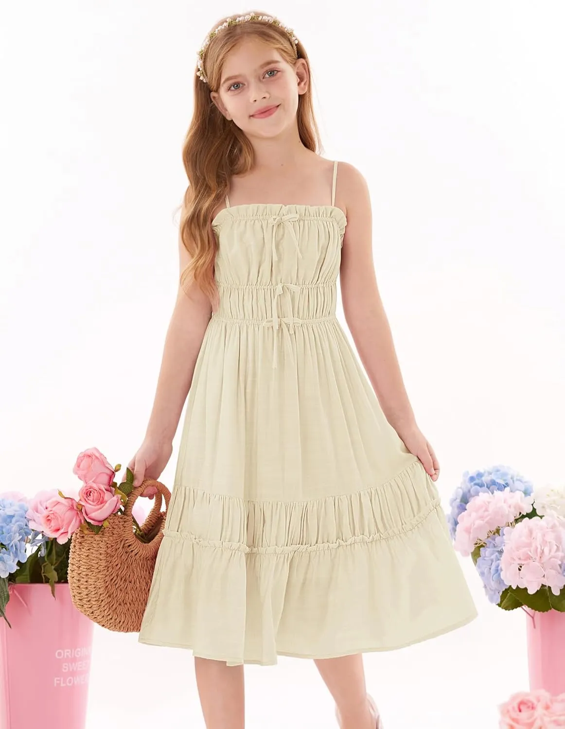 GRACE KARIN Girls Summer Dress Spaghetti Strap Midi Casual Sundress Sleeveless Party Elegant Dress 5-12Y