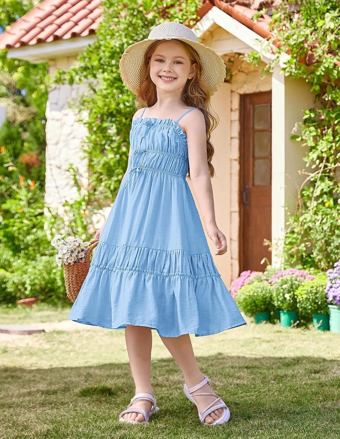 GRACE KARIN Girls Summer Dress Spaghetti Strap Midi Casual Sundress Sleeveless Party Elegant Dress 5-12Y