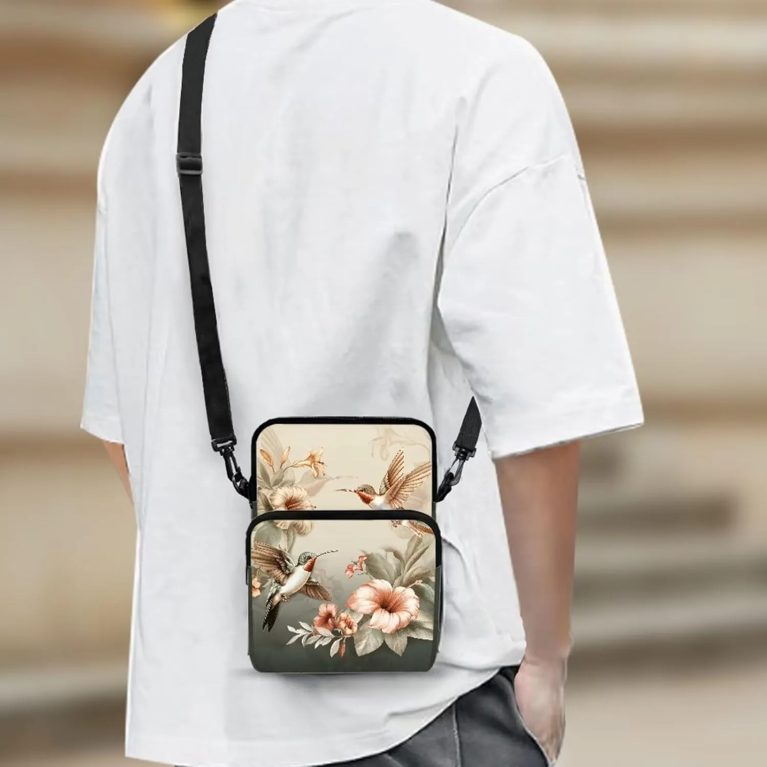 Green Hummingbird Pink Hibiscus Flowers Cross Body Bag, Double Layer Zip Messenger Bag Portable Storage Bag Satchel Bags for Women Girls School Travel Work Sport