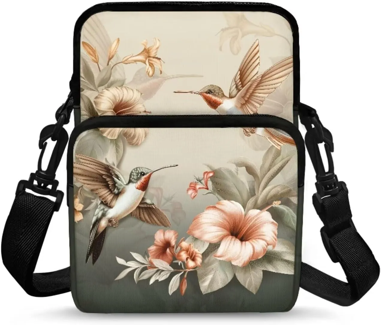 Green Hummingbird Pink Hibiscus Flowers Cross Body Bag, Double Layer Zip Messenger Bag Portable Storage Bag Satchel Bags for Women Girls School Travel Work Sport