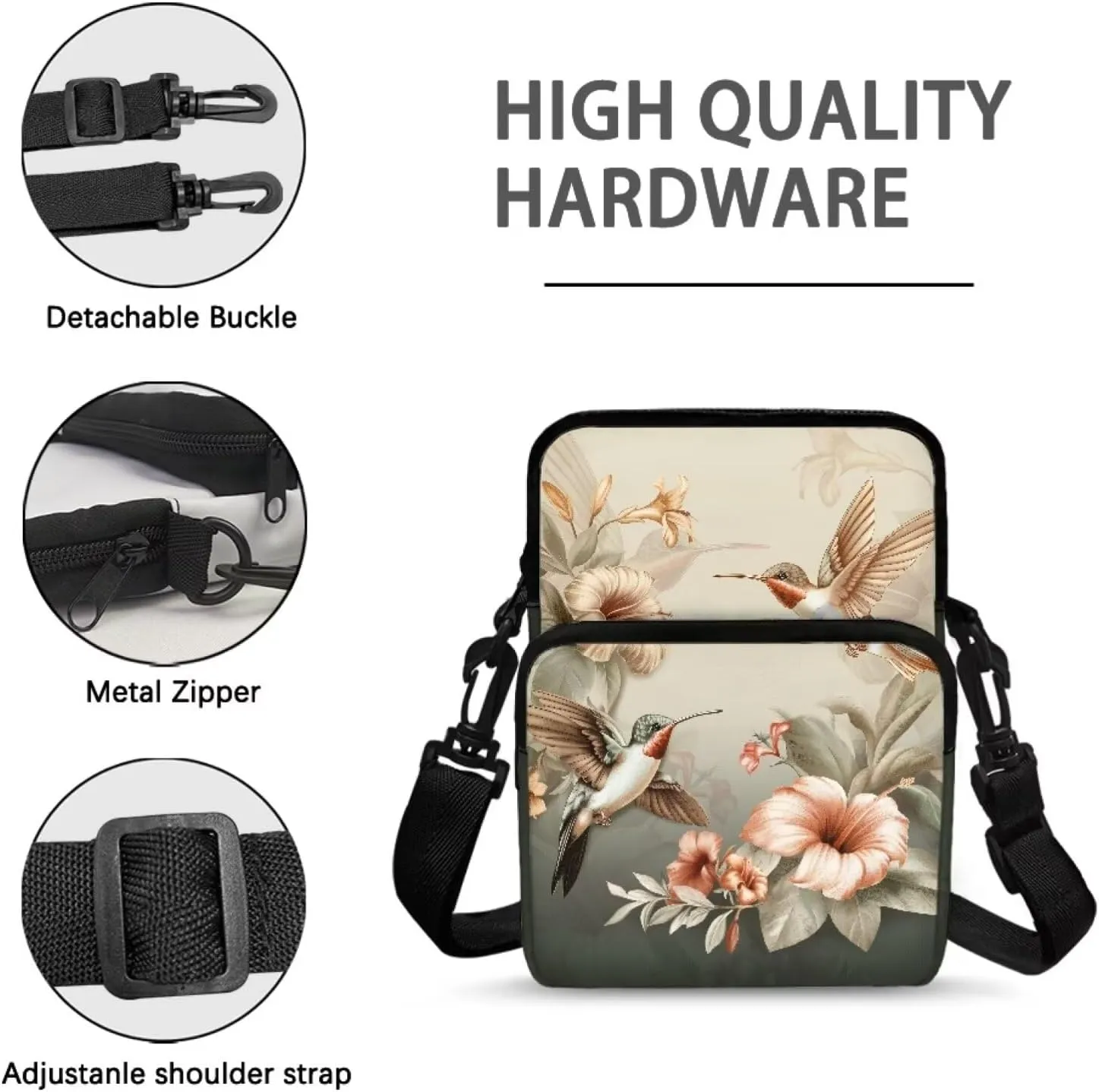 Green Hummingbird Pink Hibiscus Flowers Cross Body Bag, Double Layer Zip Messenger Bag Portable Storage Bag Satchel Bags for Women Girls School Travel Work Sport