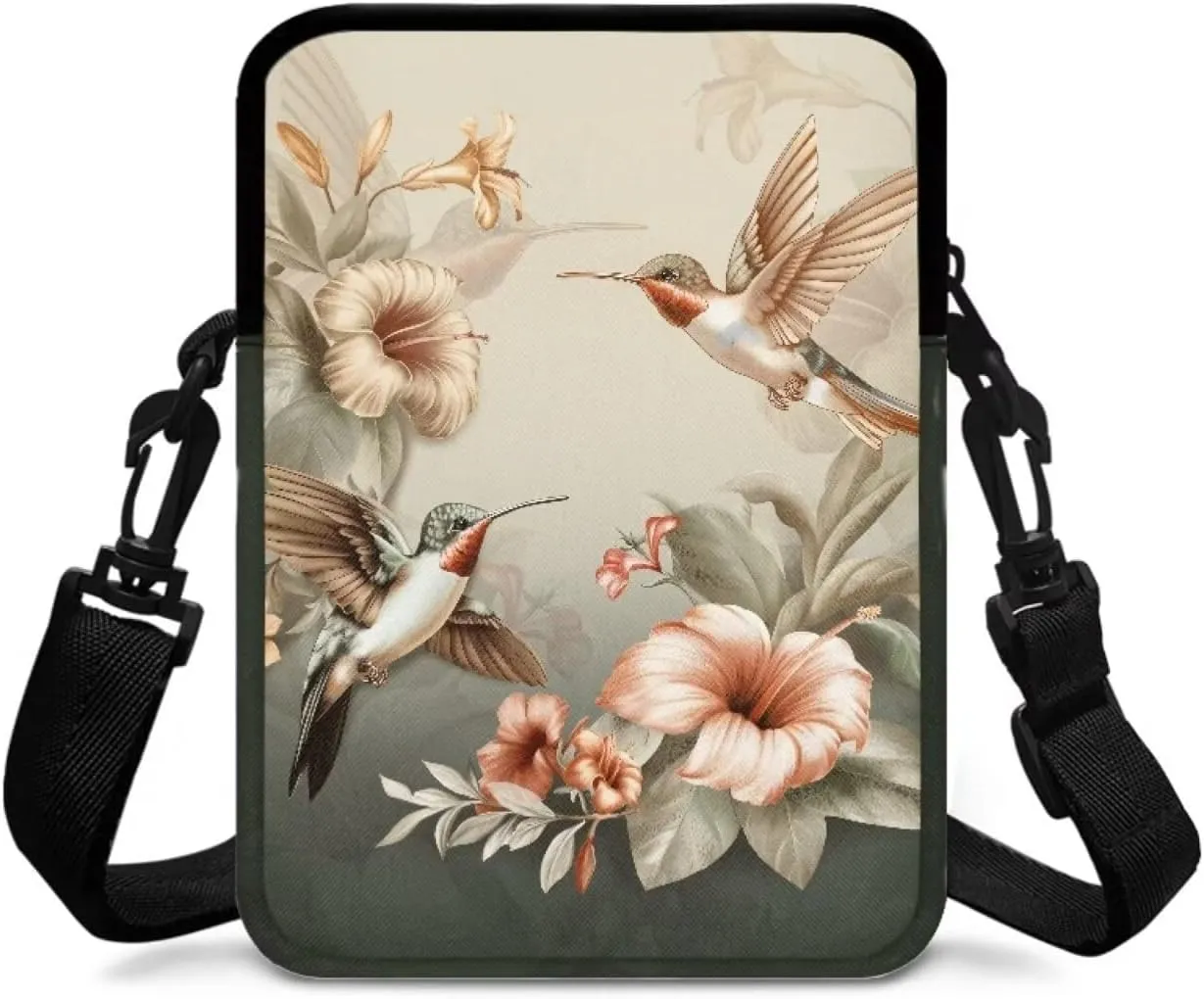 Green Hummingbird Pink Hibiscus Flowers Cross Body Bag, Double Layer Zip Messenger Bag Portable Storage Bag Satchel Bags for Women Girls School Travel Work Sport
