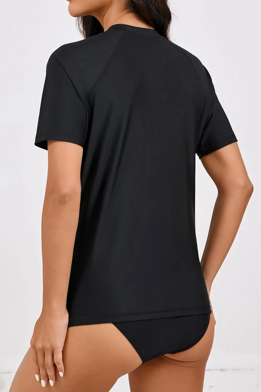 Halcurt Women's Half Zip Short Sleeve Rash Guard Top with Bra Side Pockets Swim Shirts UPF50  Swimsuit