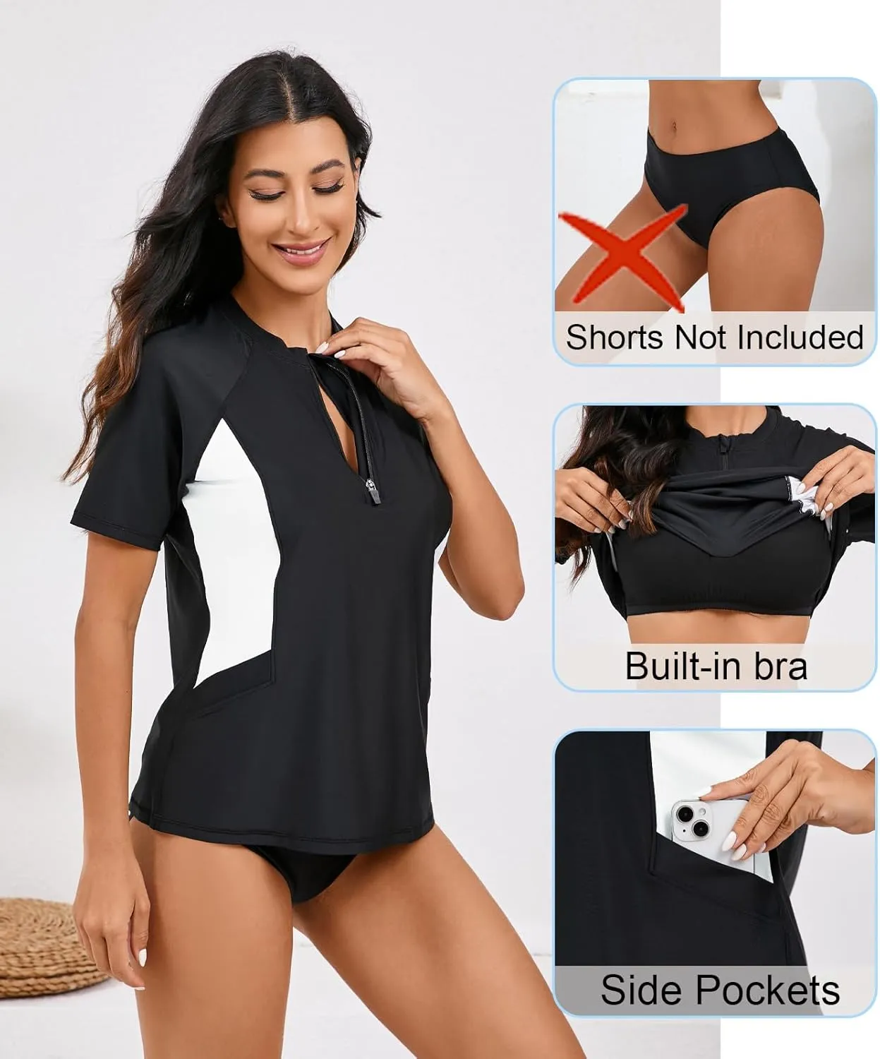 Halcurt Women's Half Zip Short Sleeve Rash Guard Top with Bra Side Pockets Swim Shirts UPF50  Swimsuit