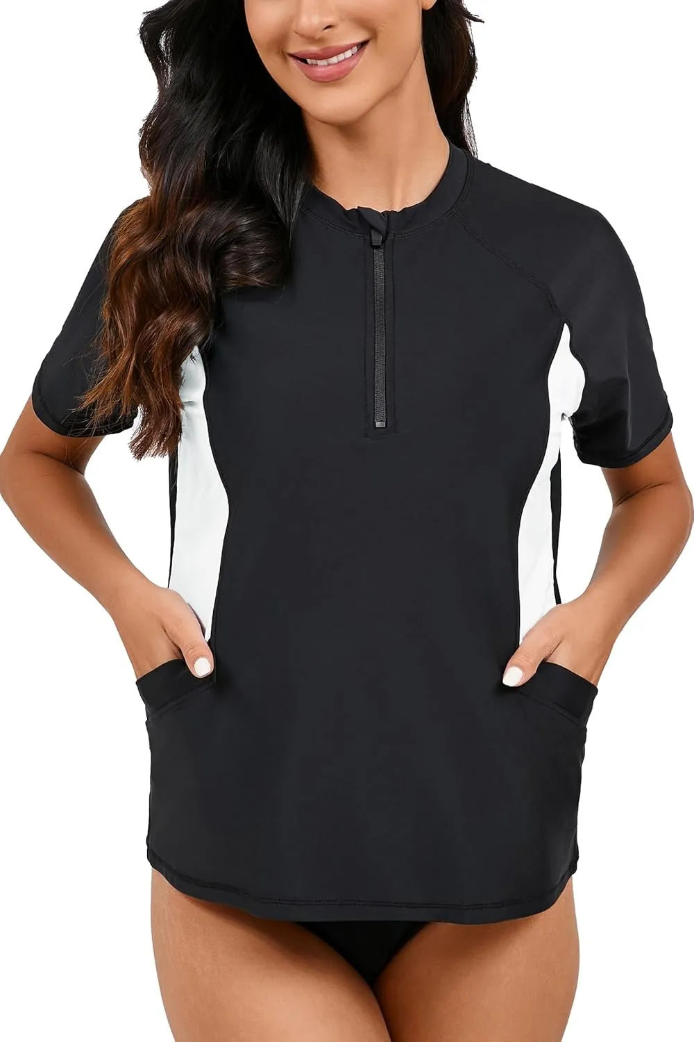 Halcurt Women's Half Zip Short Sleeve Rash Guard Top with Bra Side Pockets Swim Shirts UPF50  Swimsuit