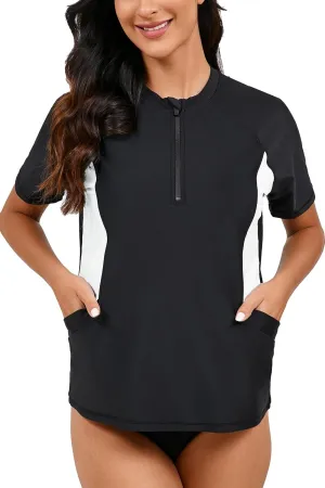 Halcurt Women's Half Zip Short Sleeve Rash Guard Top with Bra Side Pockets Swim Shirts UPF50  Swimsuit