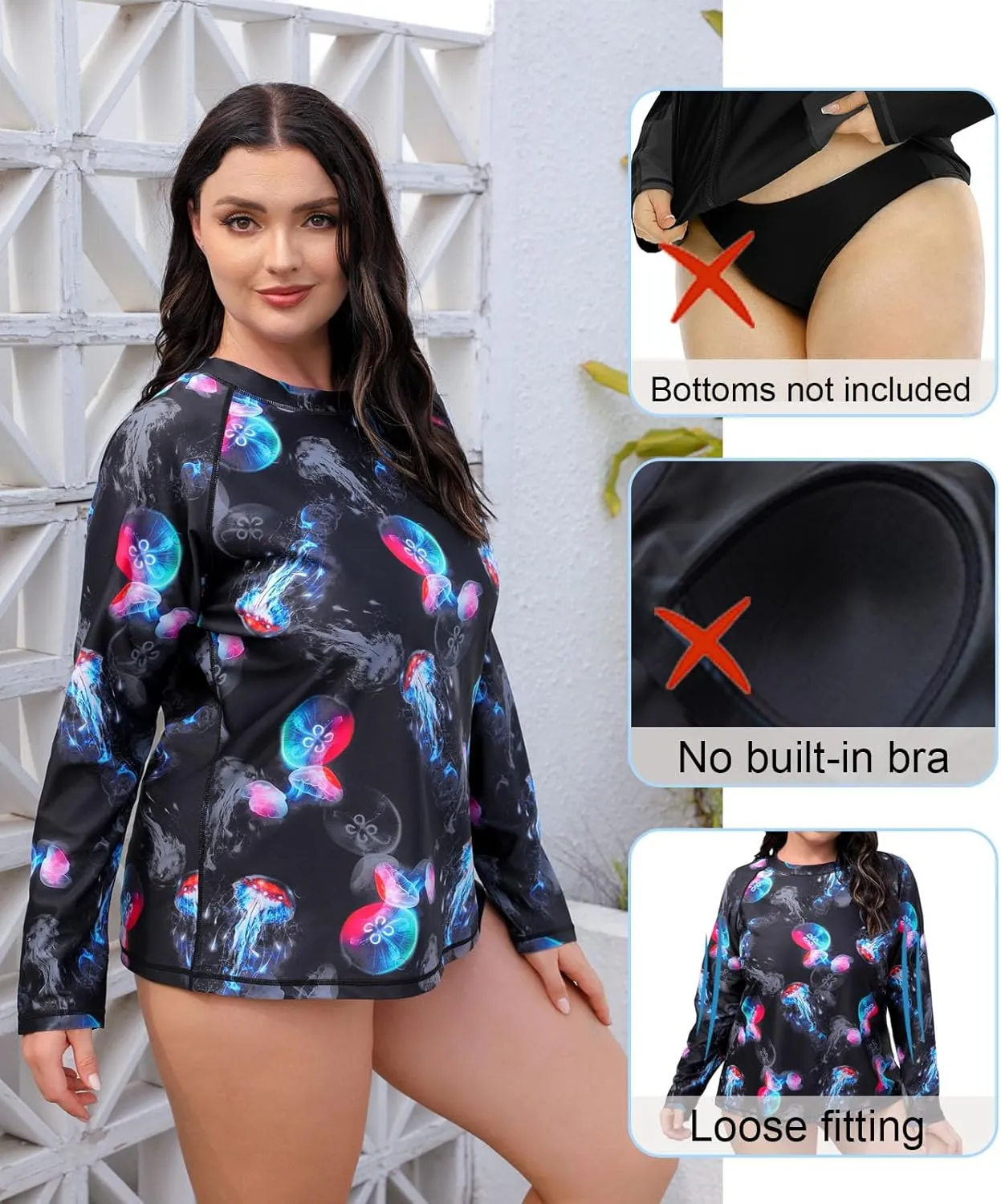 Halcurt Women's Plus Size Long Sleeve Rash Guard Shirts Swim Top UPF50  Sun Protection Loose Fit Quick Dry Swimsuit