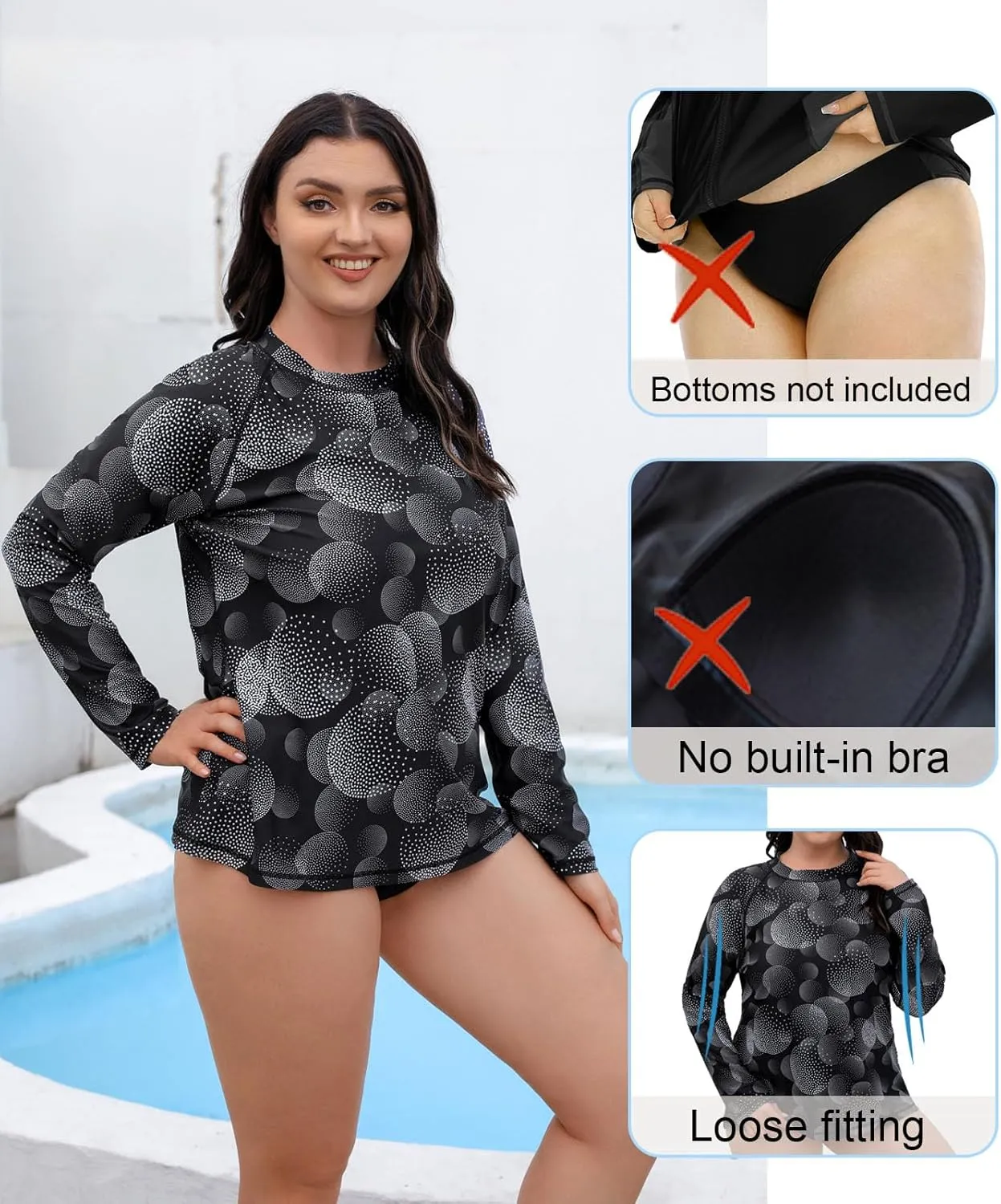 Halcurt Women's Plus Size Long Sleeve Rash Guard Shirts Swim Top UPF50  Sun Protection Loose Fit Quick Dry Swimsuit