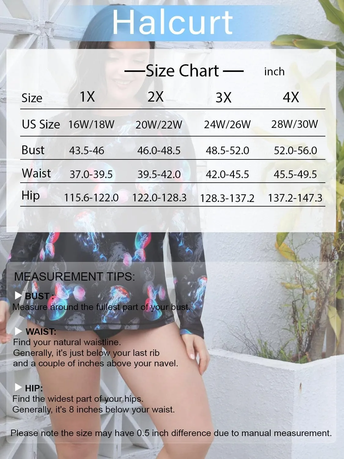 Halcurt Women's Plus Size Long Sleeve Rash Guard Shirts Swim Top UPF50  Sun Protection Loose Fit Quick Dry Swimsuit