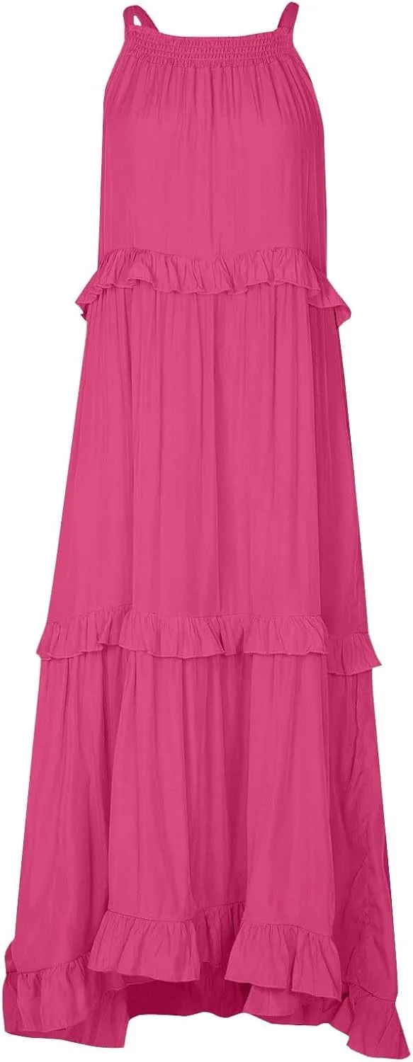 Halter Maxi Tiered Dresses for Women Summer Flowy Swing Plus Size Sundress Ruffle Smocked Dress Frocks with Pockets