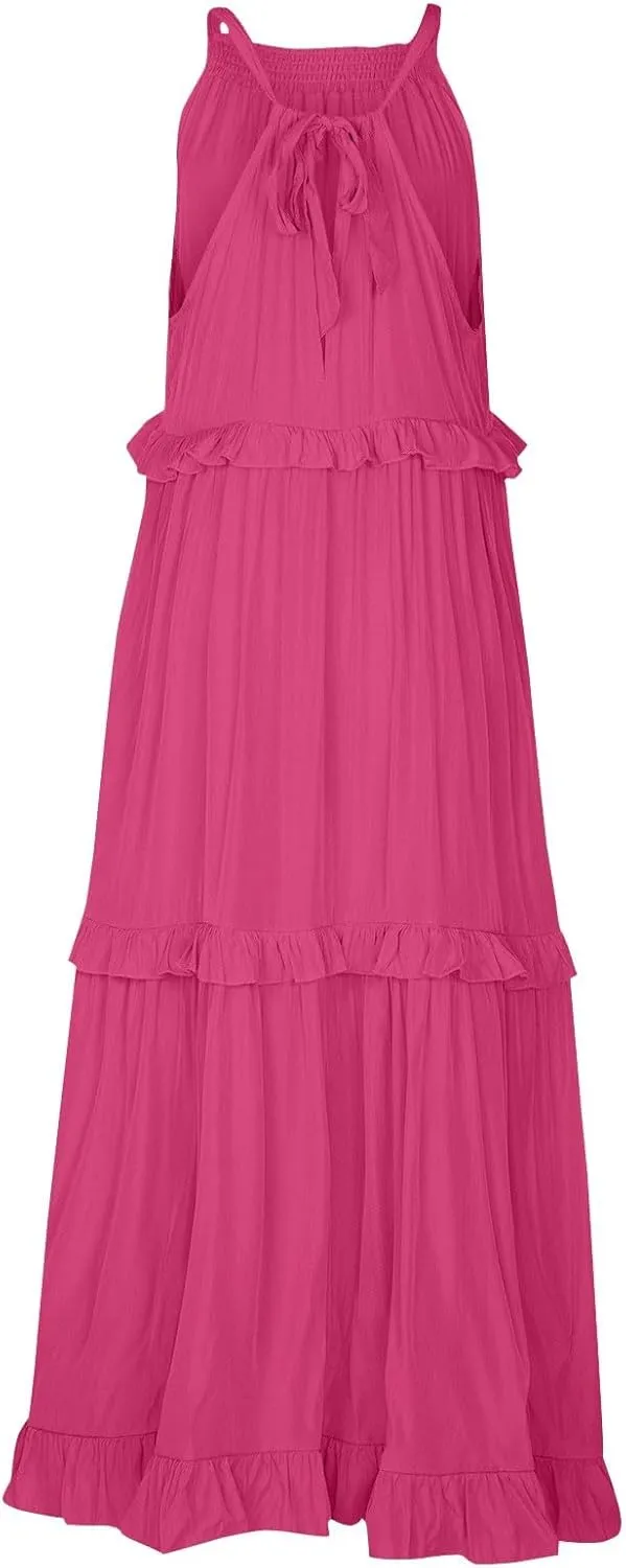 Halter Maxi Tiered Dresses for Women Summer Flowy Swing Plus Size Sundress Ruffle Smocked Dress Frocks with Pockets