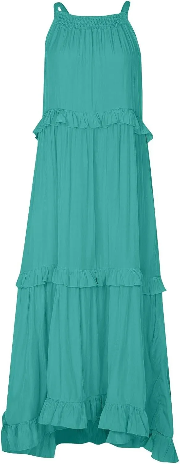Halter Maxi Tiered Dresses for Women Summer Flowy Swing Plus Size Sundress Ruffle Smocked Dress Frocks with Pockets