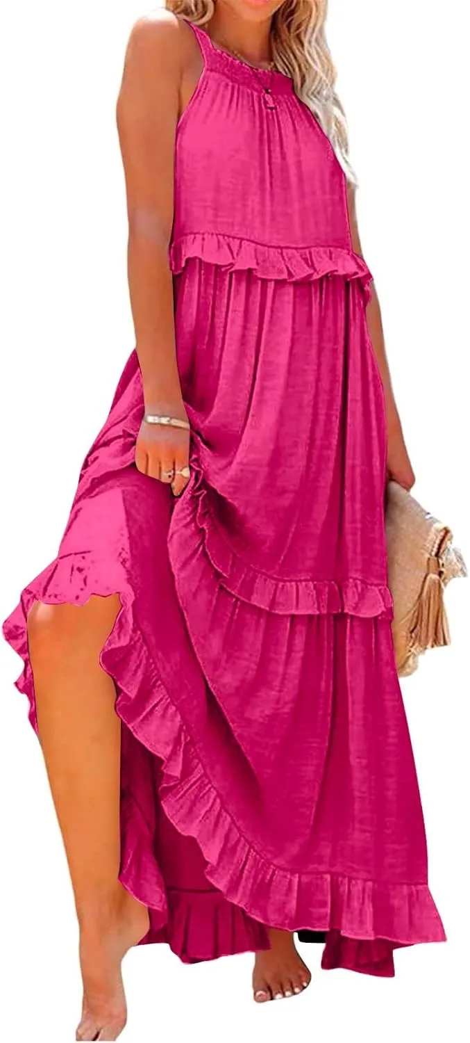 Halter Maxi Tiered Dresses for Women Summer Flowy Swing Plus Size Sundress Ruffle Smocked Dress Frocks with Pockets