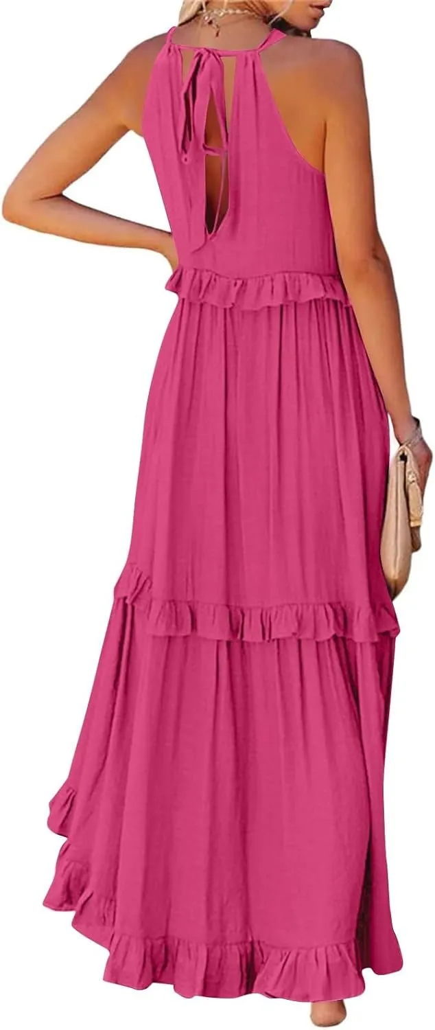 Halter Maxi Tiered Dresses for Women Summer Flowy Swing Plus Size Sundress Ruffle Smocked Dress Frocks with Pockets