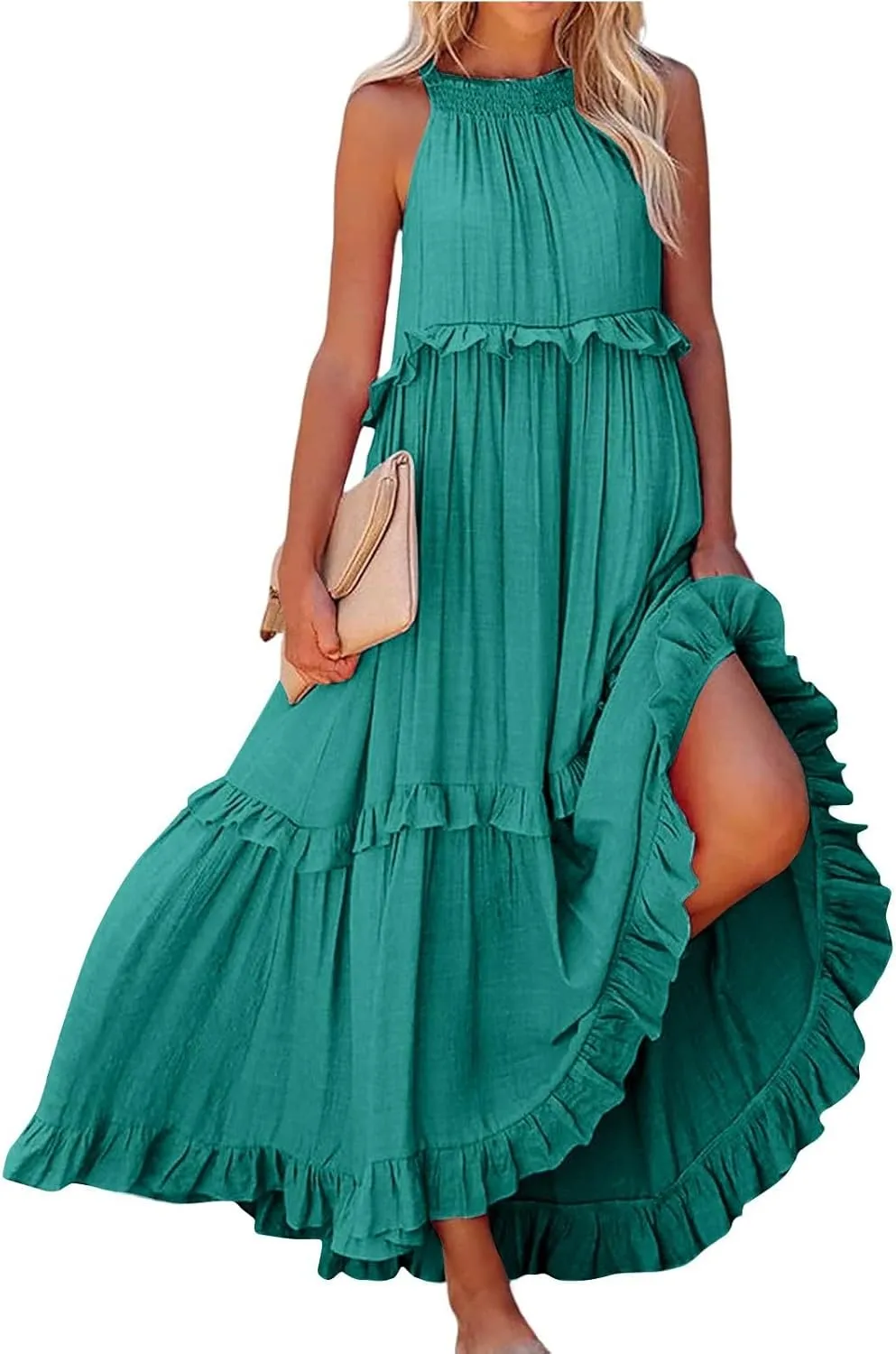 Halter Maxi Tiered Dresses for Women Summer Flowy Swing Plus Size Sundress Ruffle Smocked Dress Frocks with Pockets