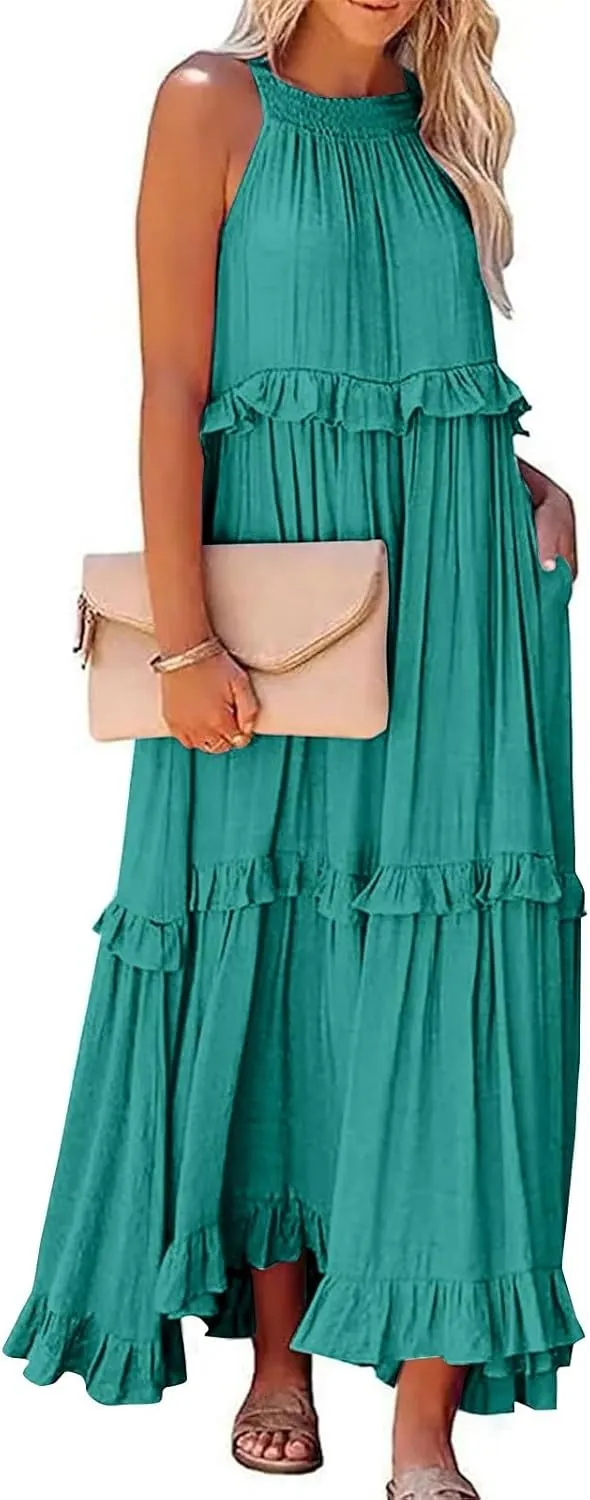 Halter Maxi Tiered Dresses for Women Summer Flowy Swing Plus Size Sundress Ruffle Smocked Dress Frocks with Pockets