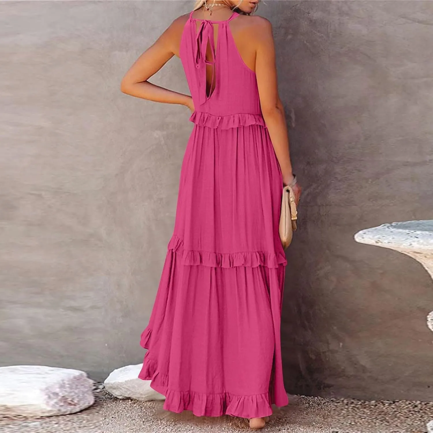 Halter Maxi Tiered Dresses for Women Summer Flowy Swing Plus Size Sundress Ruffle Smocked Dress Frocks with Pockets