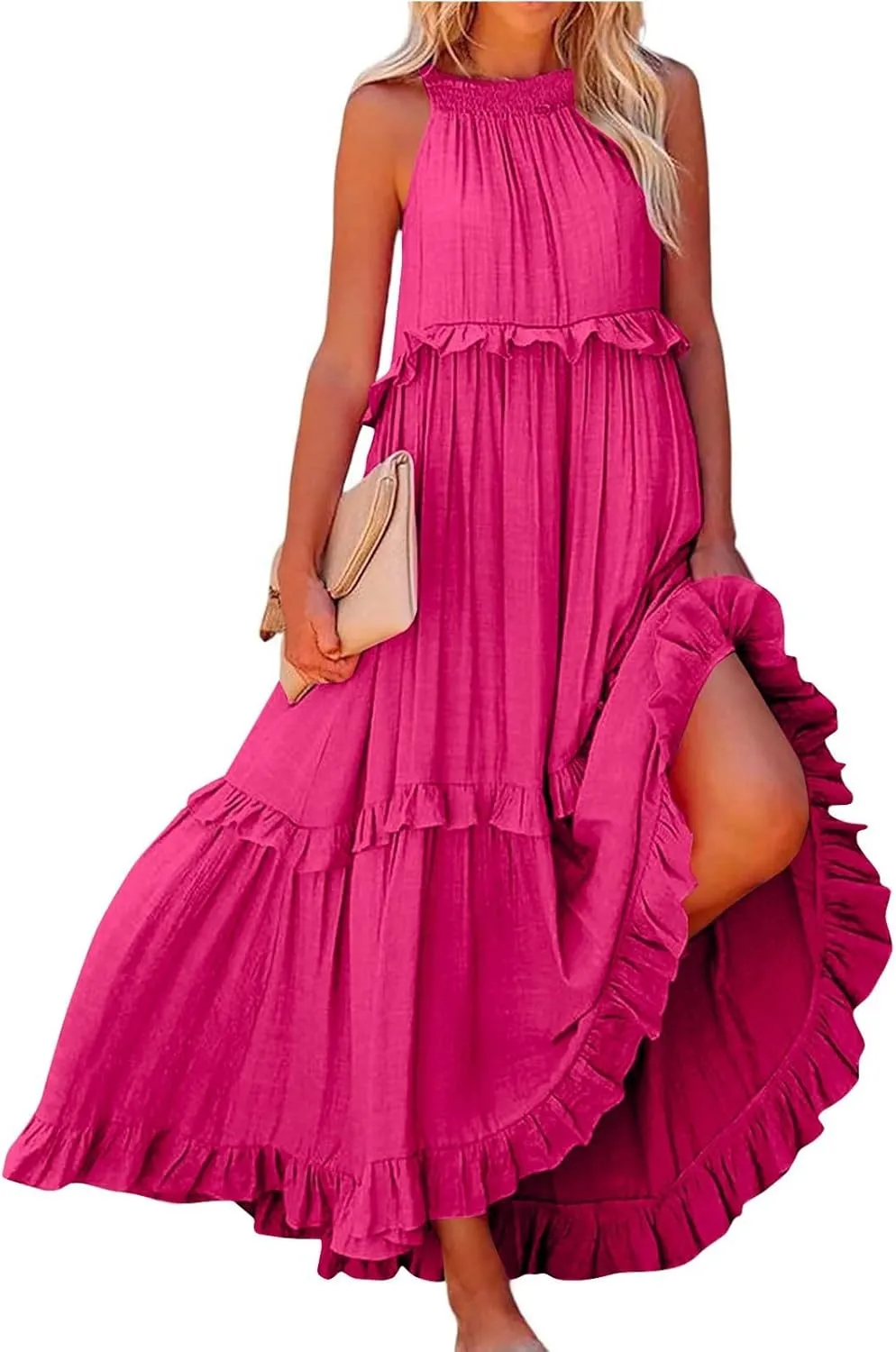 Halter Maxi Tiered Dresses for Women Summer Flowy Swing Plus Size Sundress Ruffle Smocked Dress Frocks with Pockets