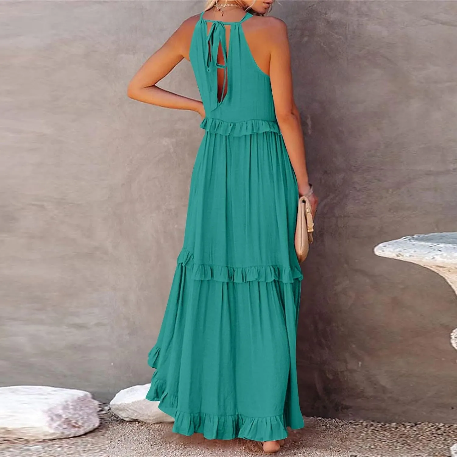 Halter Maxi Tiered Dresses for Women Summer Flowy Swing Plus Size Sundress Ruffle Smocked Dress Frocks with Pockets