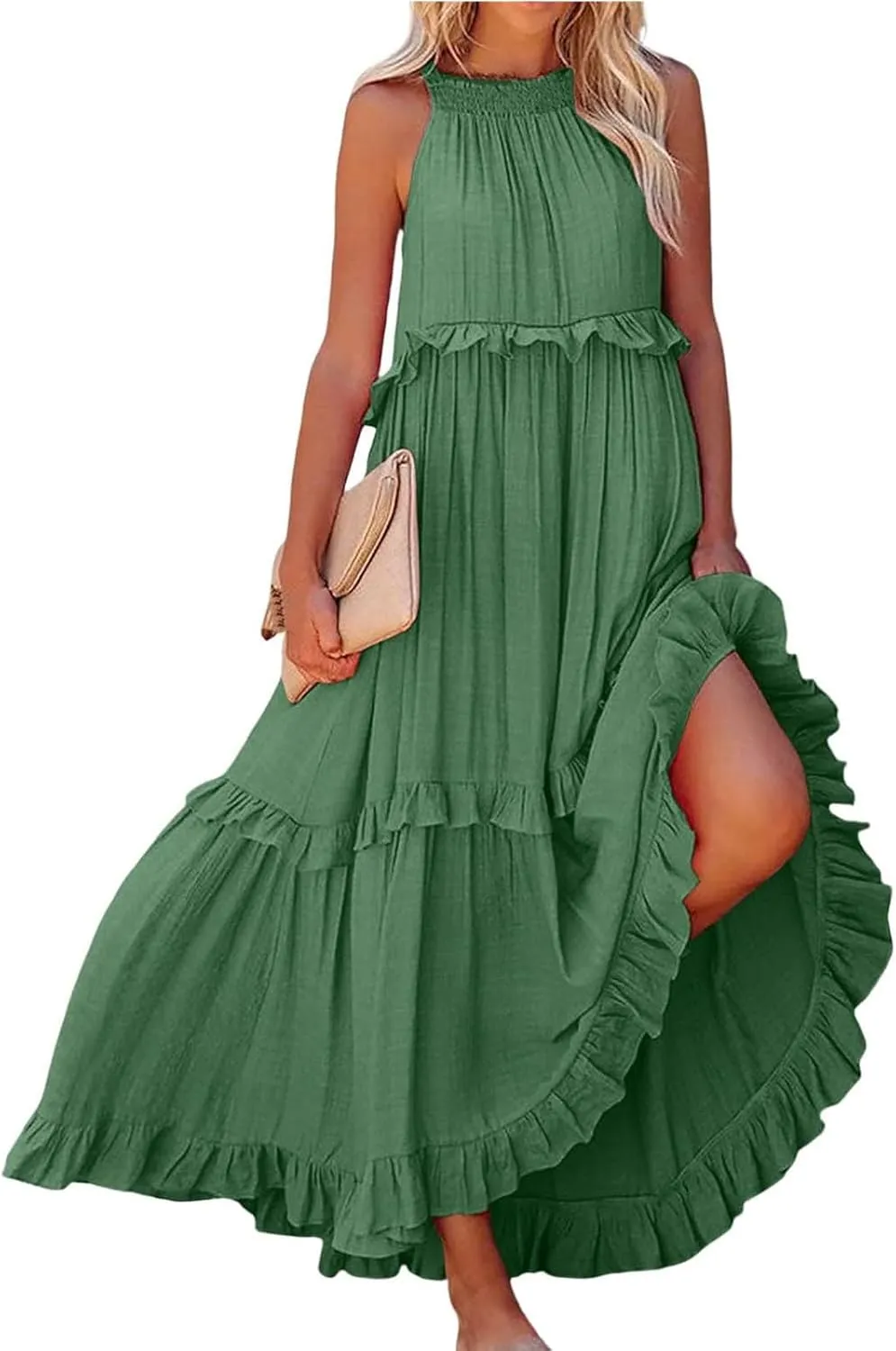 Halter Maxi Tiered Dresses for Women Summer Flowy Swing Plus Size Sundress Ruffle Smocked Dress Frocks with Pockets