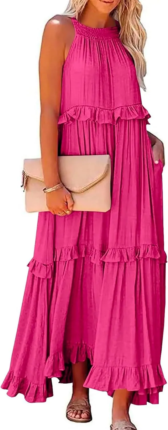 Halter Maxi Tiered Dresses for Women Summer Flowy Swing Plus Size Sundress Ruffle Smocked Dress Frocks with Pockets