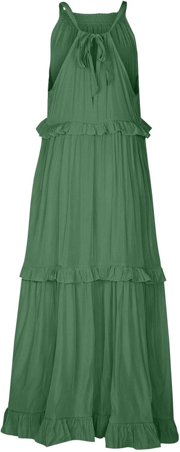 Halter Maxi Tiered Dresses for Women Summer Flowy Swing Plus Size Sundress Ruffle Smocked Dress Frocks with Pockets