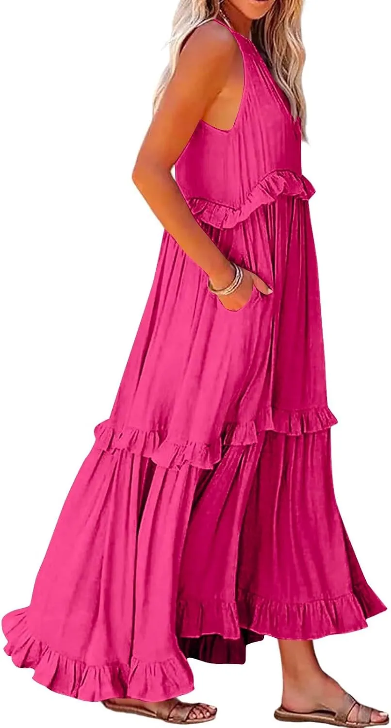 Halter Maxi Tiered Dresses for Women Summer Flowy Swing Plus Size Sundress Ruffle Smocked Dress Frocks with Pockets