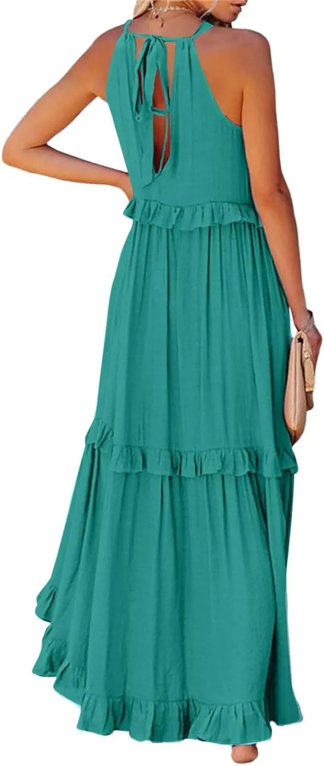 Halter Maxi Tiered Dresses for Women Summer Flowy Swing Plus Size Sundress Ruffle Smocked Dress Frocks with Pockets