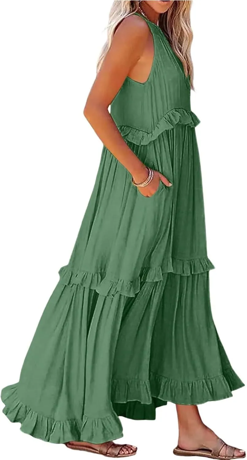 Halter Maxi Tiered Dresses for Women Summer Flowy Swing Plus Size Sundress Ruffle Smocked Dress Frocks with Pockets
