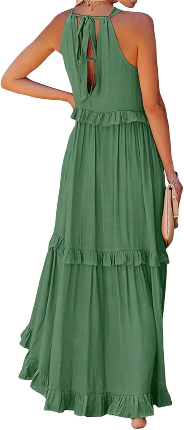 Halter Maxi Tiered Dresses for Women Summer Flowy Swing Plus Size Sundress Ruffle Smocked Dress Frocks with Pockets