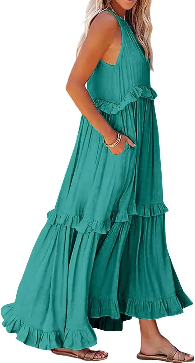 Halter Maxi Tiered Dresses for Women Summer Flowy Swing Plus Size Sundress Ruffle Smocked Dress Frocks with Pockets