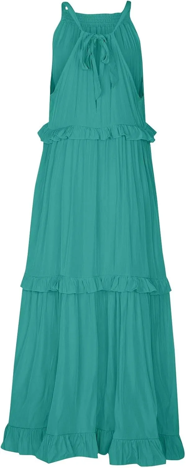 Halter Maxi Tiered Dresses for Women Summer Flowy Swing Plus Size Sundress Ruffle Smocked Dress Frocks with Pockets
