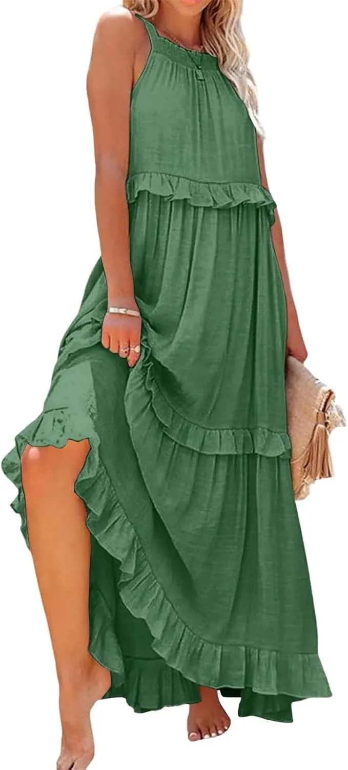 Halter Maxi Tiered Dresses for Women Summer Flowy Swing Plus Size Sundress Ruffle Smocked Dress Frocks with Pockets