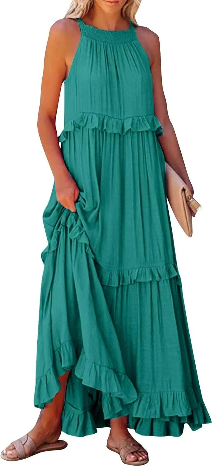 Halter Maxi Tiered Dresses for Women Summer Flowy Swing Plus Size Sundress Ruffle Smocked Dress Frocks with Pockets