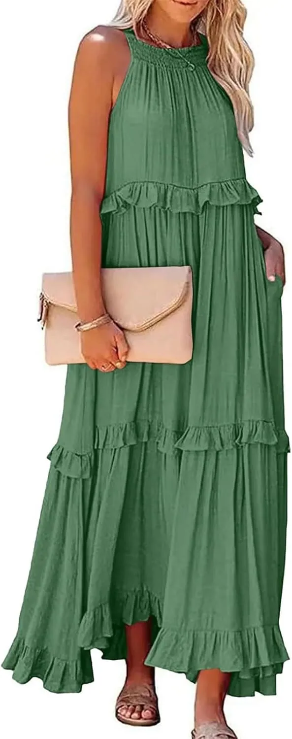Halter Maxi Tiered Dresses for Women Summer Flowy Swing Plus Size Sundress Ruffle Smocked Dress Frocks with Pockets