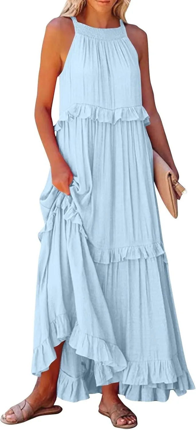 Halter Maxi Tiered Dresses for Women Summer Flowy Swing Ruffle Smocked Dress Plus Size Sundress Frocks with Pockets