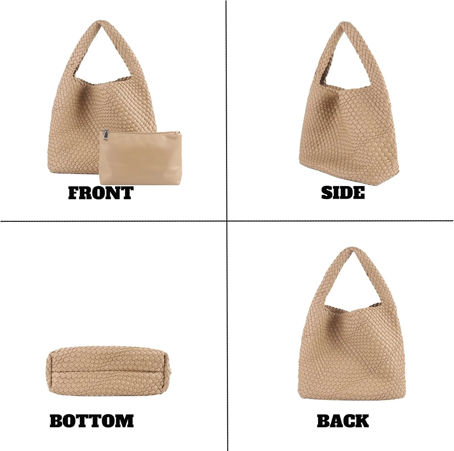 Hand Woven Tote for Women - Vegan Leather Handle Handbag, Travel Shoulder Bag, Hobo and Beach Bag With Purse