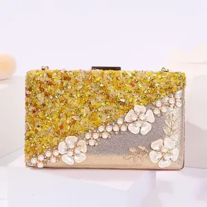 Handbag with Pearls for Women, Elegant Night Handbag with Shoulder Straps, Flower Rhinestone Party Wedding Clutch (Color : Gold)